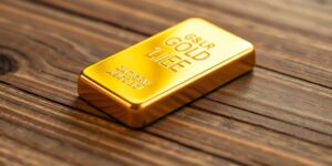 Close-up of a shiny 24k gold bar on wood.