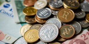 Assorted coins and banknotes in a close-up shot.