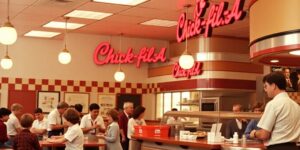 Crowded Chick-Fil-A restaurant with customers enjoying meals.