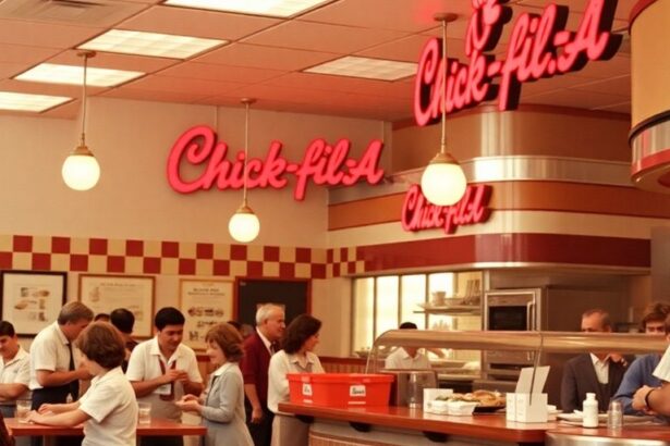 Crowded Chick-Fil-A restaurant with customers enjoying meals.